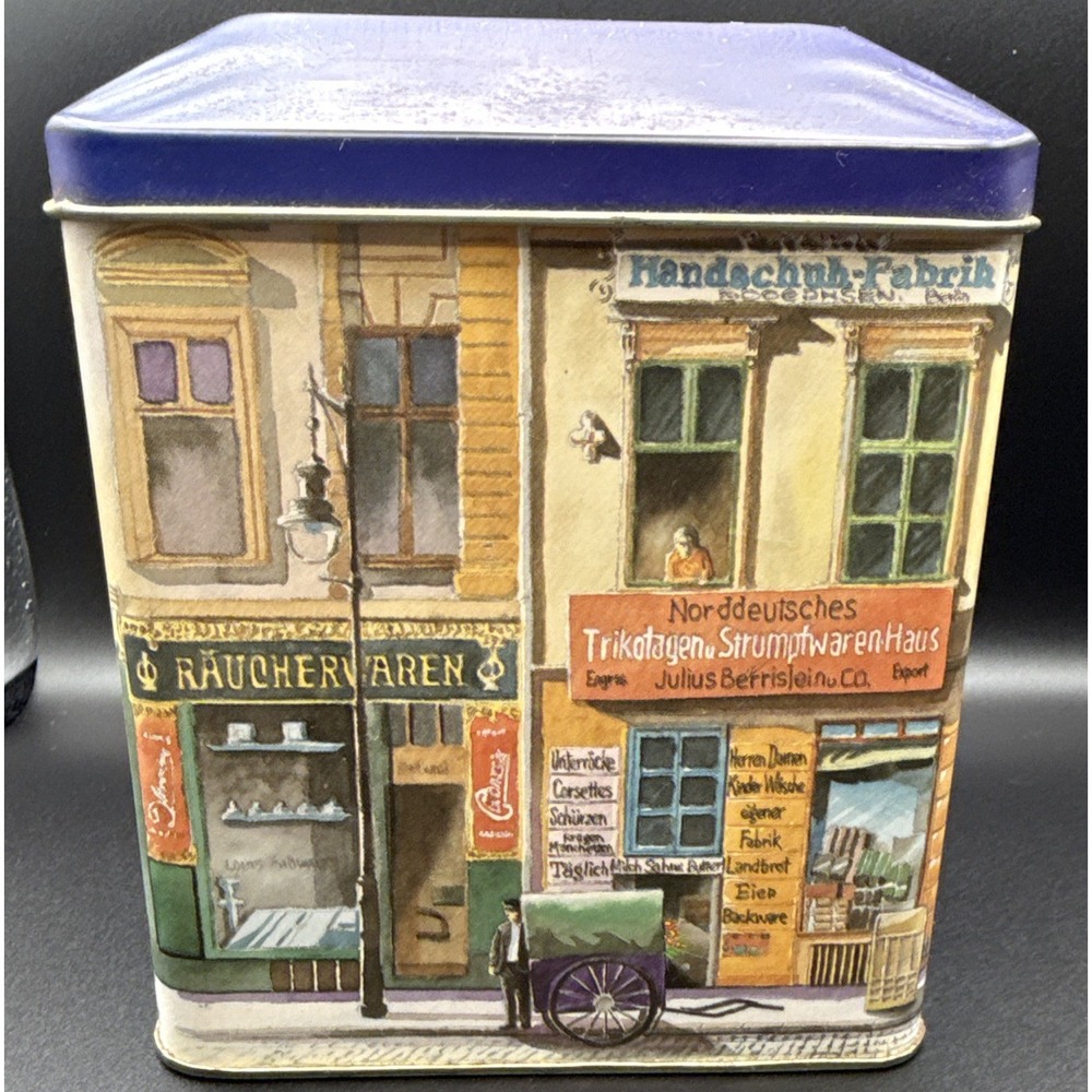 Decorative Square Tin Storage Canister w/ Blue Lid German Storefront Scene